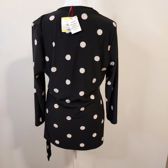 Anne Klein Faux Wrap White Polka Dot V Neck Long Sleeve Top NWT - Picture 2 of 6